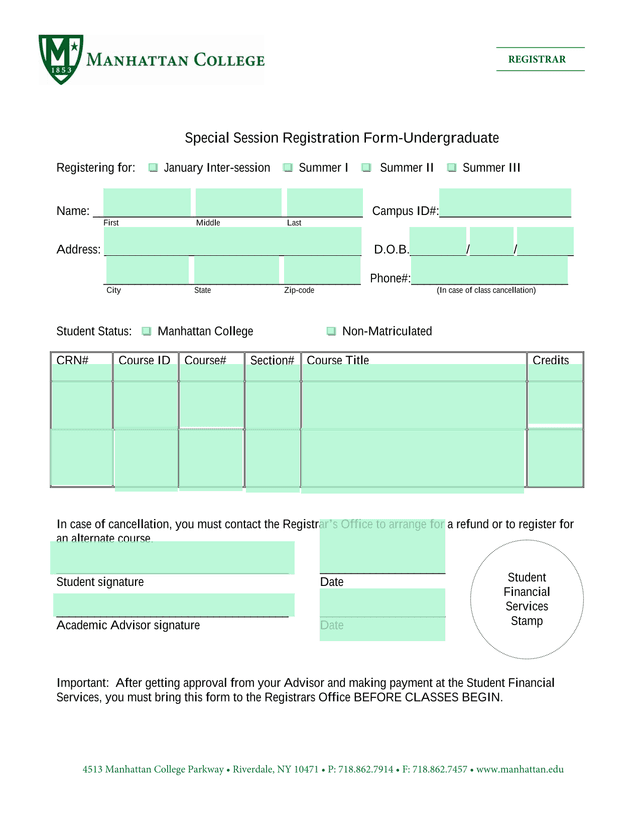 Special Session Registration Form Undergraduate screenshot