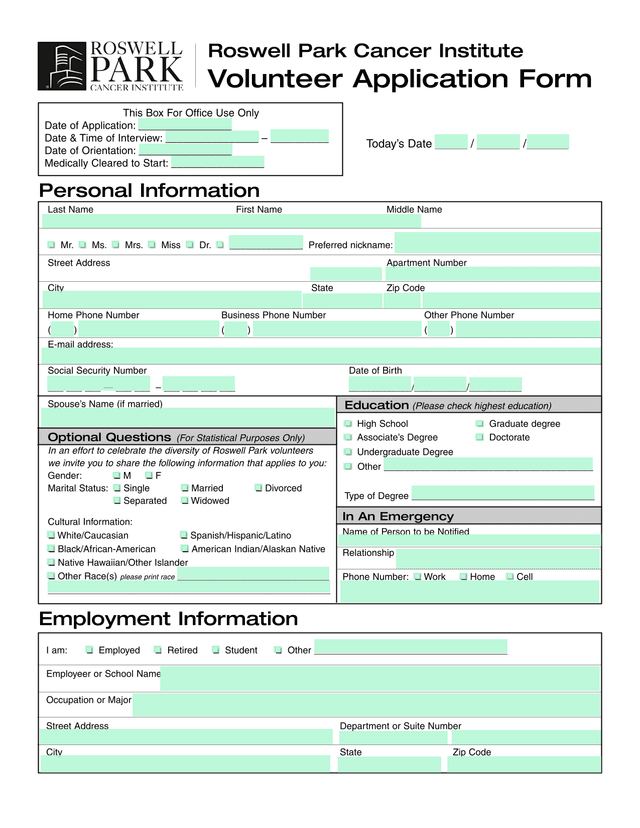 Roswell Park Cancer Institute Volunteer Application Form screenshot