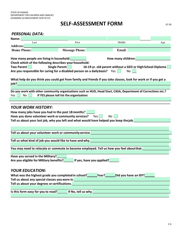 STATE OF KANSAS SELF ASSESSMENT FORM screenshot