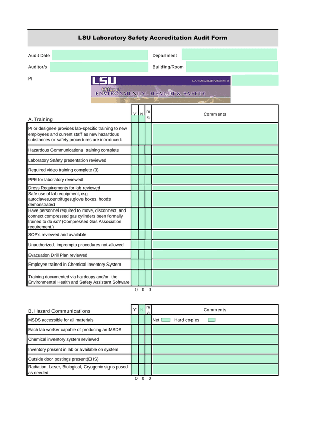 LSU Laboratory Safety Accreditation Audit Form screenshot