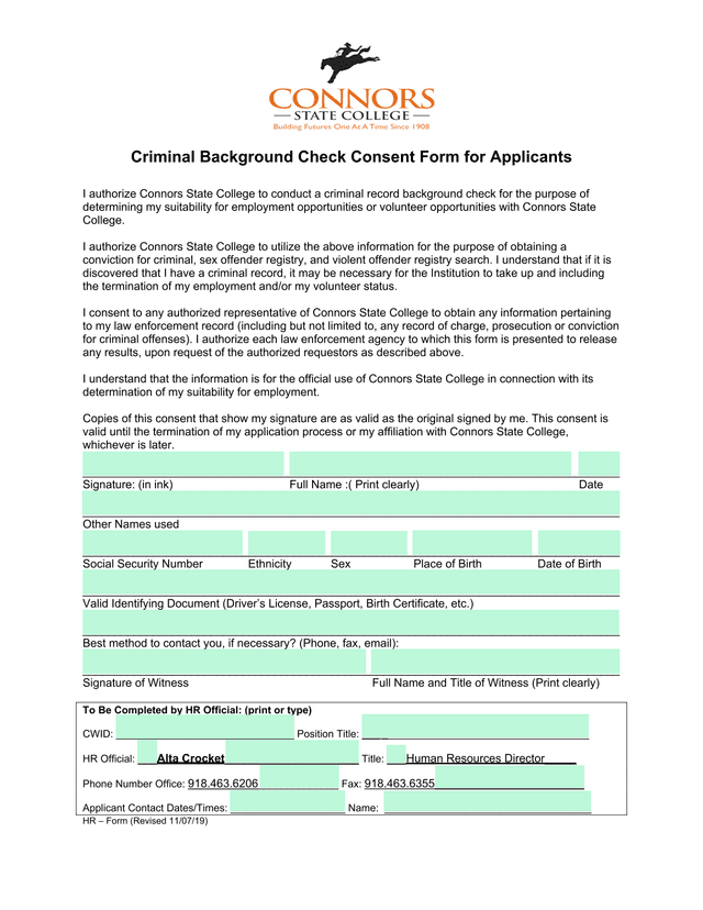 Criminal Background Check Consent Form For Applicants screenshot