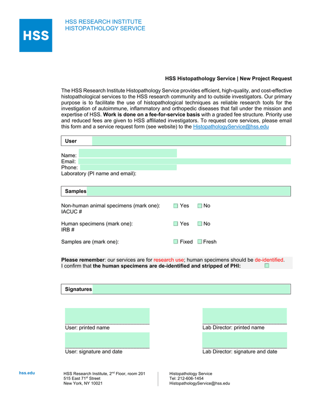 HSS Histopathology Service  New Project Request screenshot