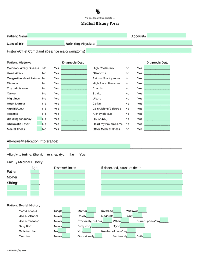 Medical History Form screenshot