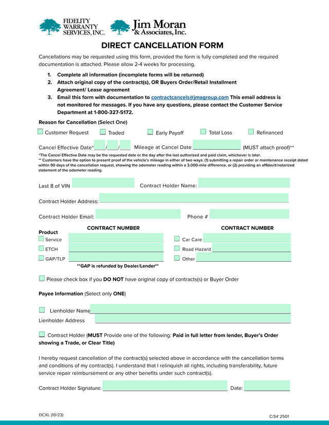 DIRECT CANCELLATION FORM screenshot