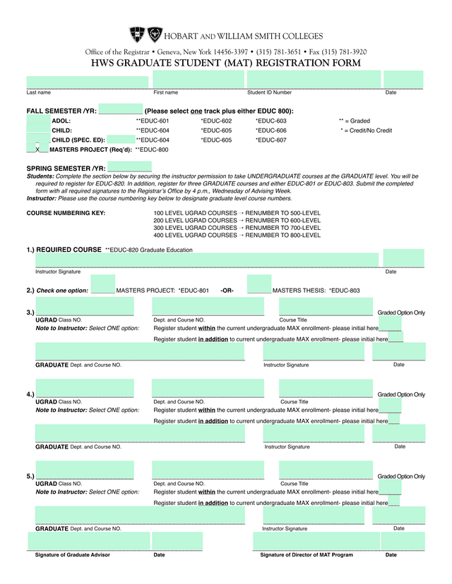 HWS GRADUATE STUDENT (MAT) REGISTRATION FORM screenshot