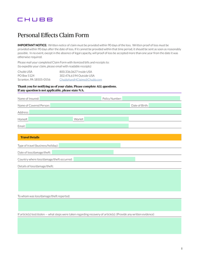 Personal Effects Claim Form screenshot