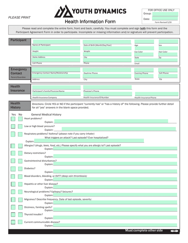 Health Information Form screenshot