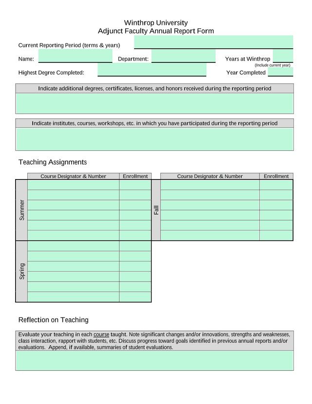 Winthrop University Adjunct Faculty Annual Report Form screenshot