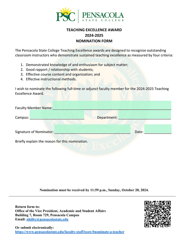 Teaching Excellence Award Nomination Form screenshot