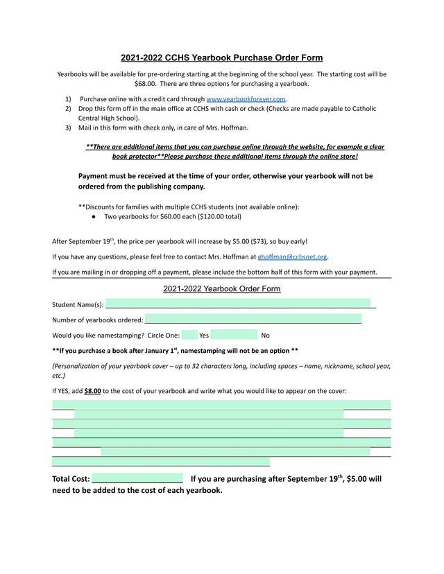 2021 2022 CCHS Yearbook Purchase Order Form screenshot