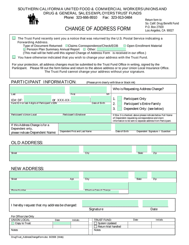 Change Of Address Form screenshot