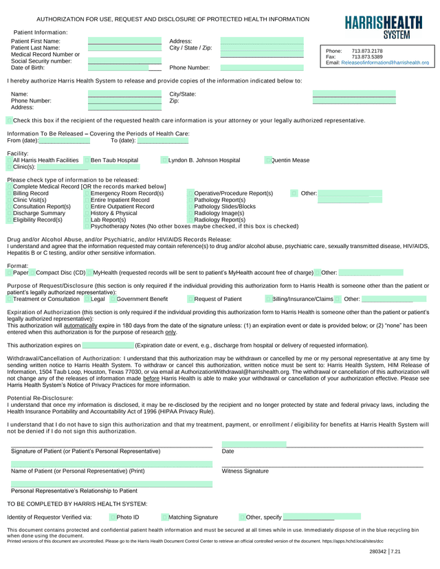 Authorization For Use, Request And Disclosure Of Protected Health Information screenshot
