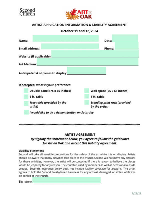 ARTIST APPLICATION INFORMATION  LIABILITY AGREEMENT screenshot