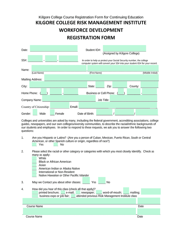 Kilgore College Course Registration Form For Continuing Education screenshot