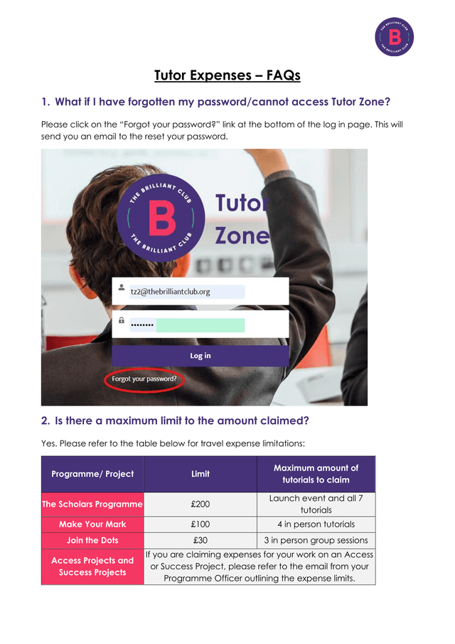 Tutor Expenses  FAQs screenshot