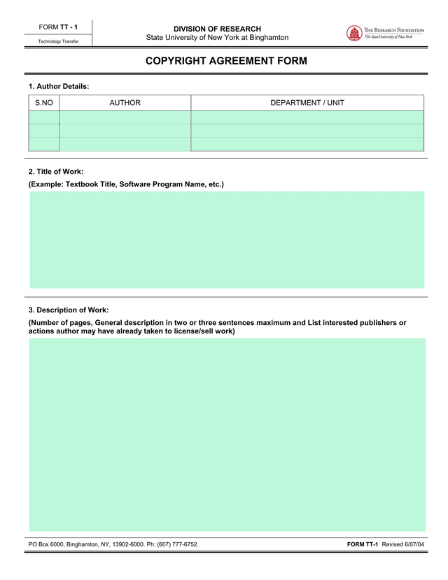FORM TT   1 Technology Transfer Copyright Agreement Form screenshot