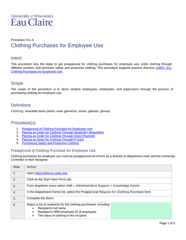 Procedure 311.A Clothing Purchases For Employee Use screenshot