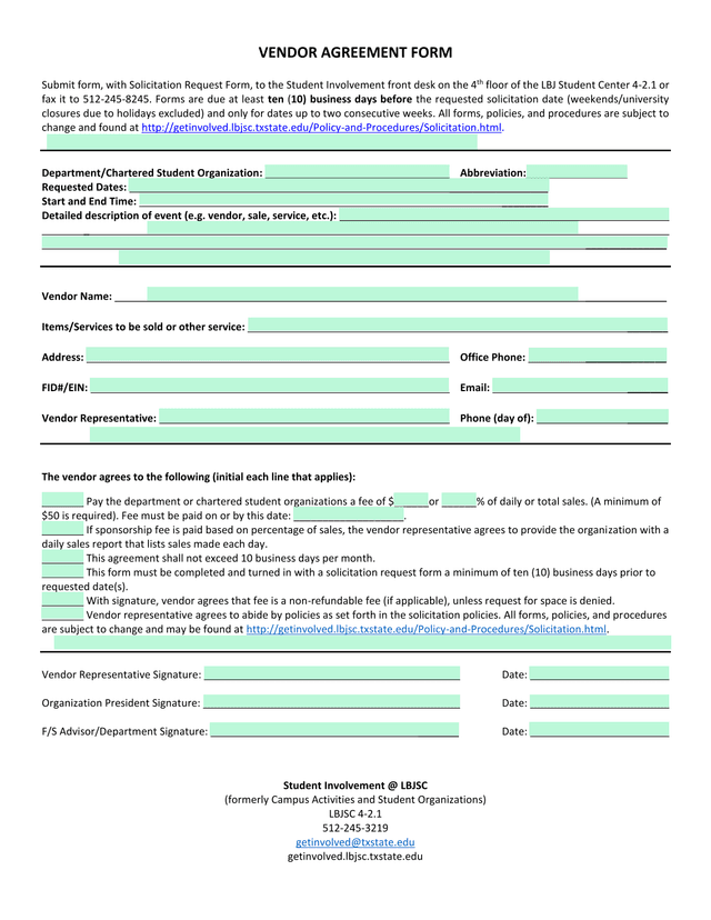 Vendor Agreement Form screenshot