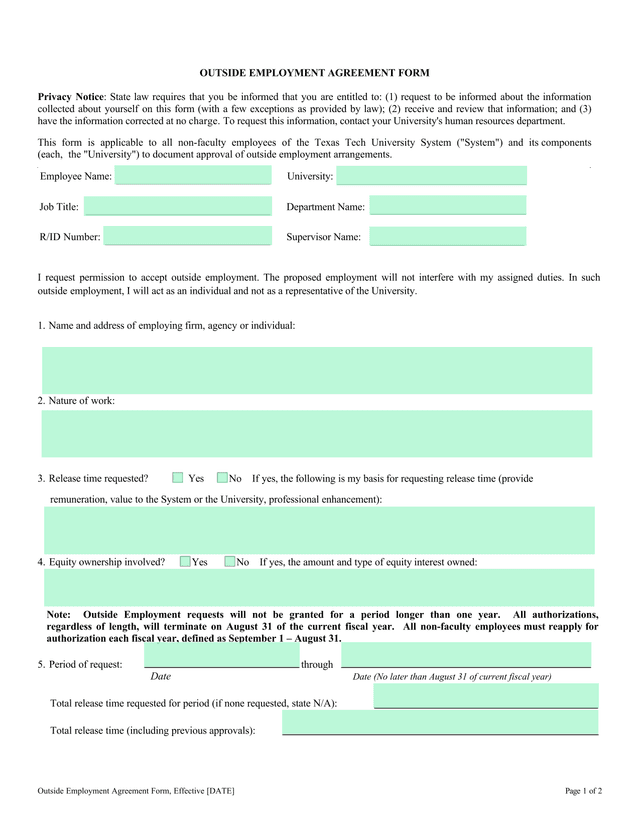 Outside Employment Agreement Form screenshot