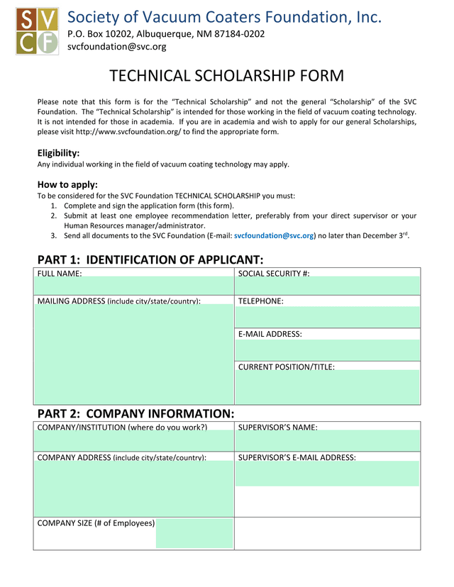 Technical Scholarship Form screenshot