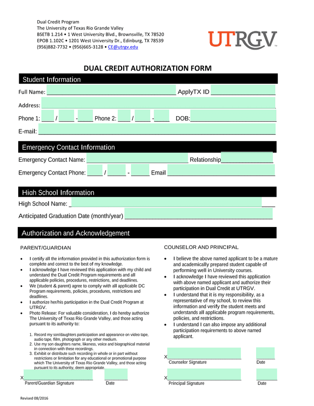 Dual Credit Authorization Form screenshot