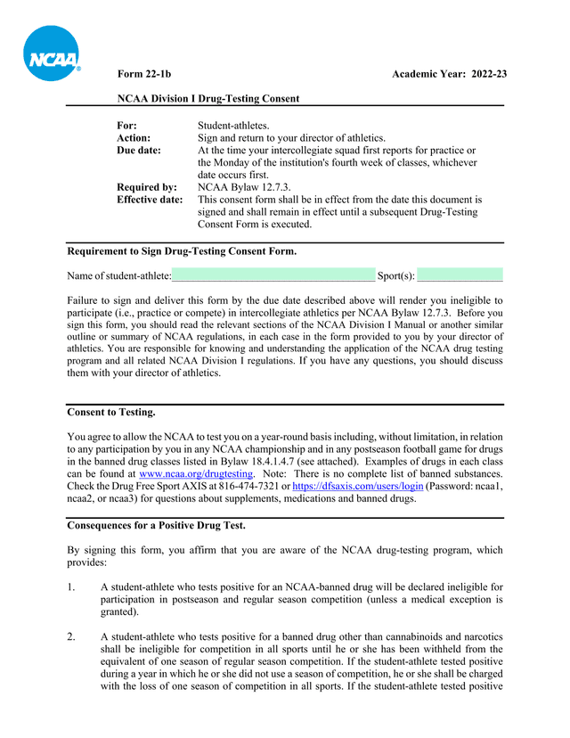 NCAA Division I Drug Testing Consent Form 22 1b screenshot