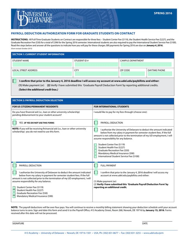 Payroll Deduction Authorization Form For Graduate Students On Contract screenshot