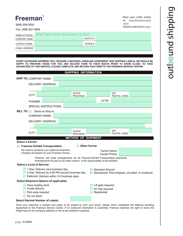 Freeman Exhibit Transportation Outbound Shipping Form screenshot