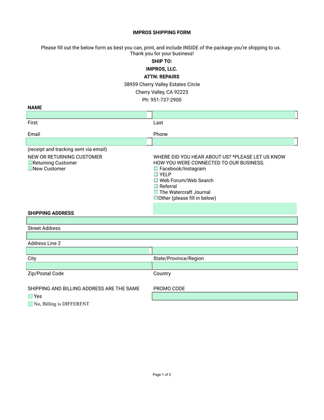 IMPROS SHIPPING FORM screenshot