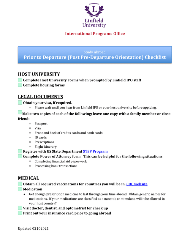 Study Abroad Prior To Departure Checklist screenshot