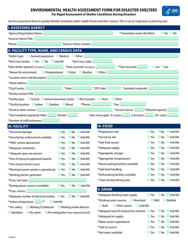 Environmental Health Assessment Form For Disaster Shelters screenshot