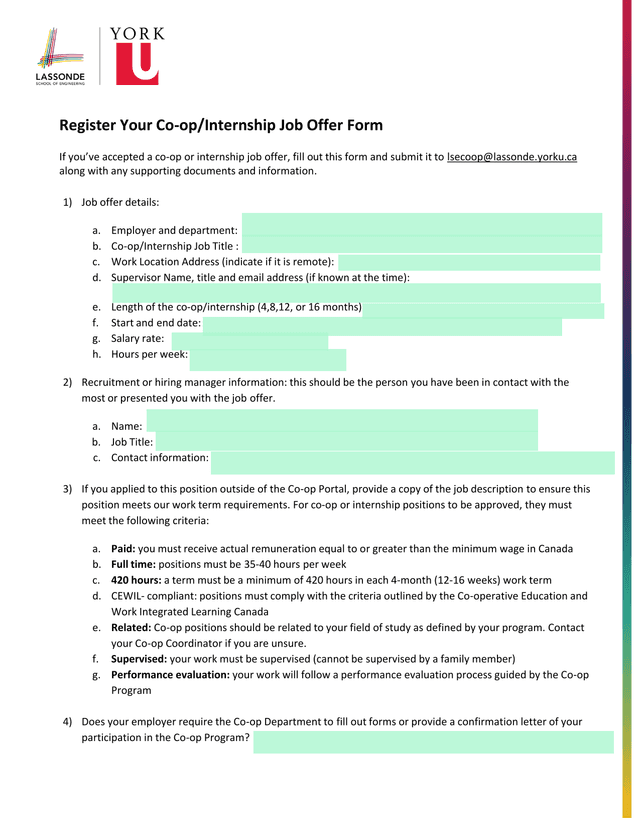 Register Your Co OpInternship Job Offer Form screenshot
