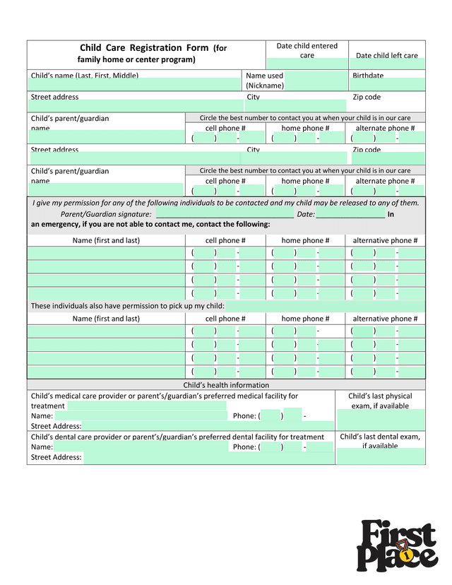Child Care Registration Form (For Family Home Or Center Program) screenshot
