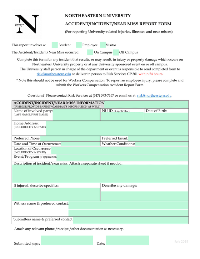 Northeastern University AccidentIncidentNear Miss Report Form screenshot