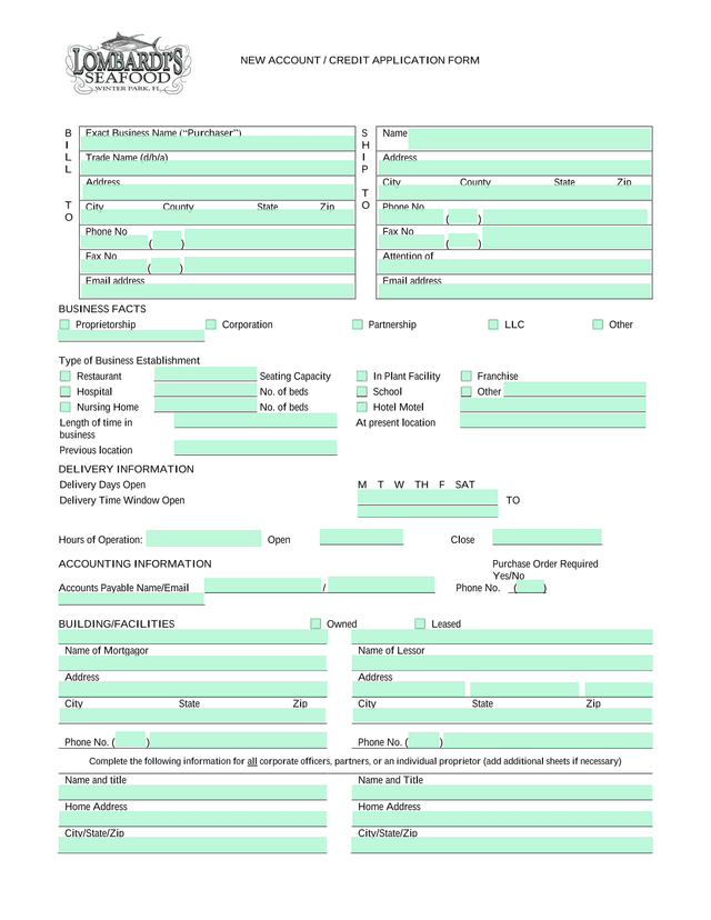 NEW ACCOUNT  CREDIT APPLICATION FORM screenshot