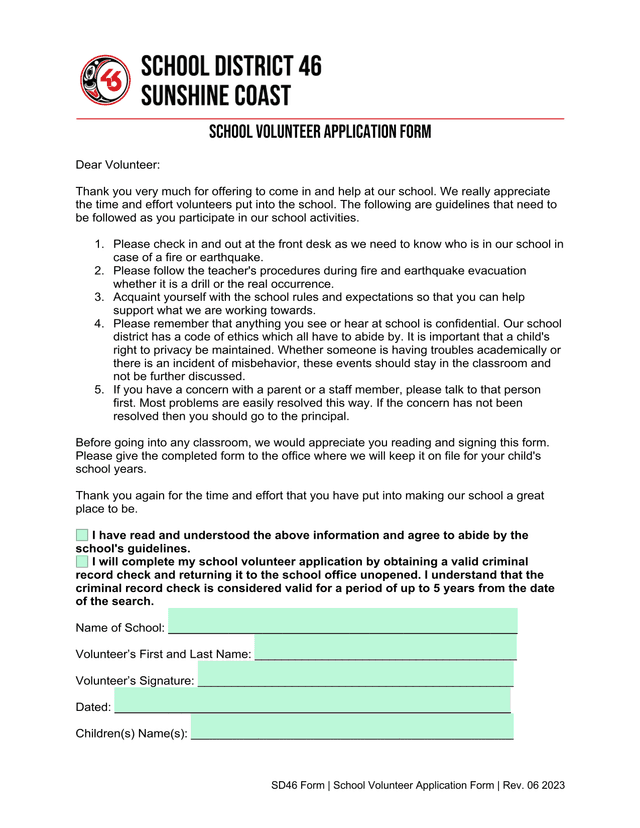 SD46 Form  School Volunteer Application Form screenshot