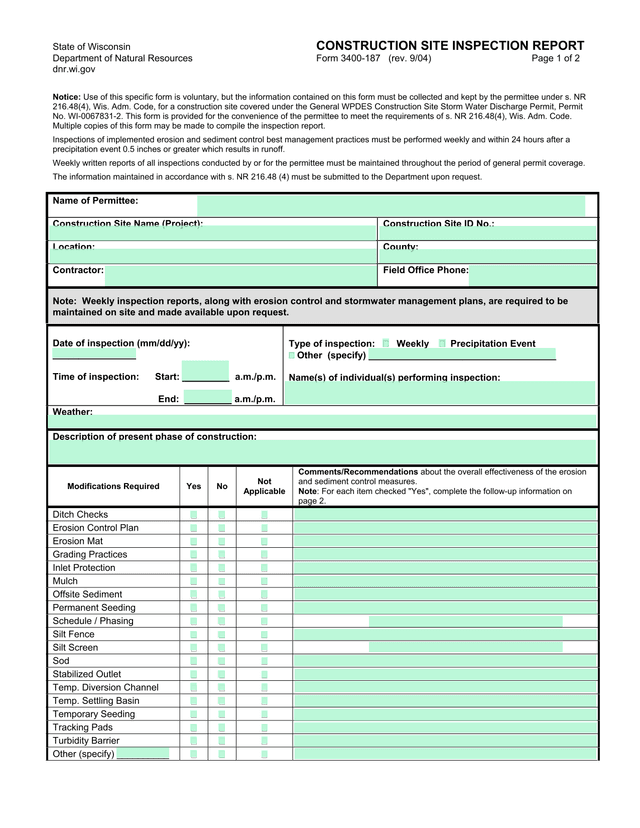 Construction Site Inspection Report screenshot