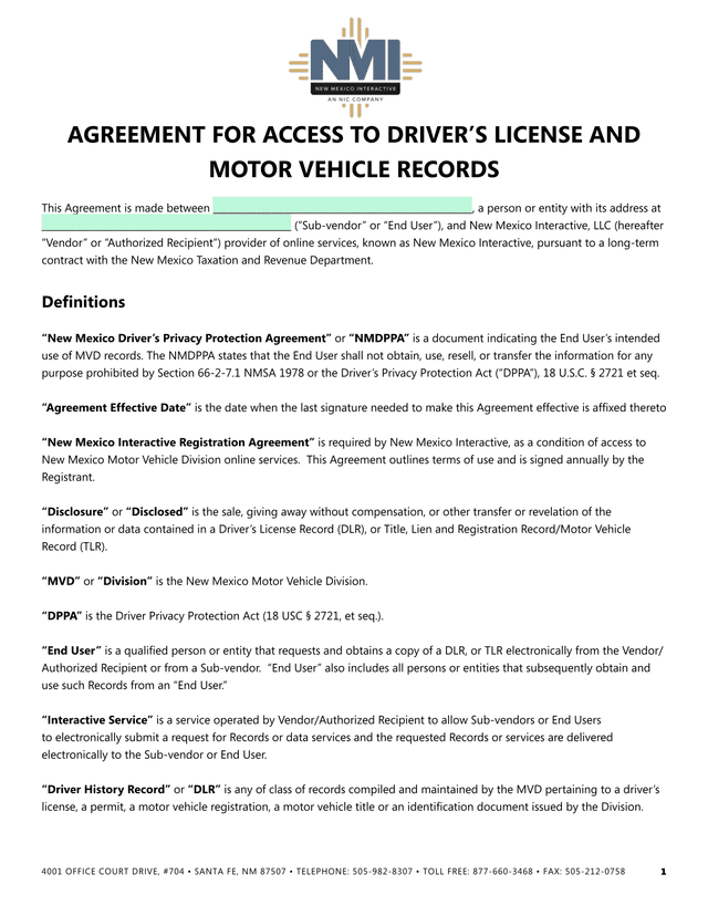 Agreement For Access To DriverS License And Motor Vehicle Records screenshot