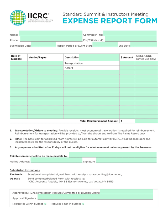 Standard Summit  Instructors Meeting EXPENSE REPORT FORM screenshot