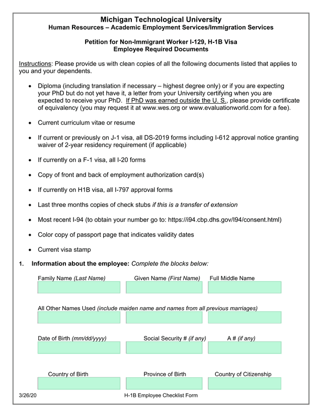 H 1B Employee Checklist Form screenshot