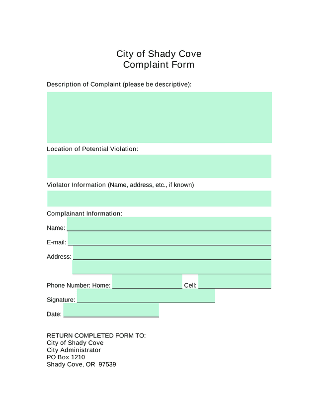 City Of Shady Cove Complaint Form screenshot