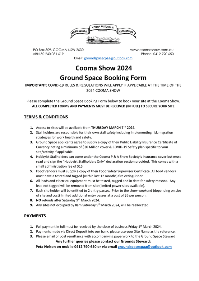 Cooma Show 2024 Ground Space Booking Form screenshot