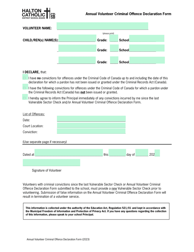 Annual Volunteer Criminal Offence Declaration Form (2023) screenshot