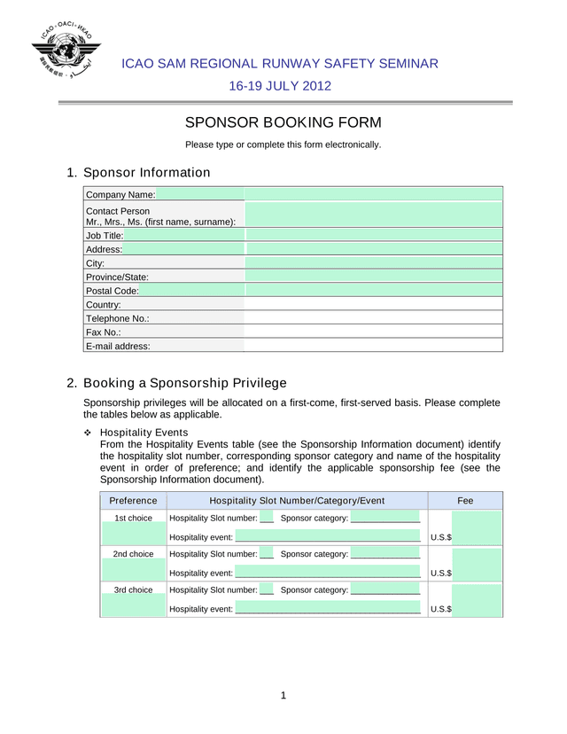 ICAO SAM Regional Runway Safety Seminar Sponsor Booking Form screenshot