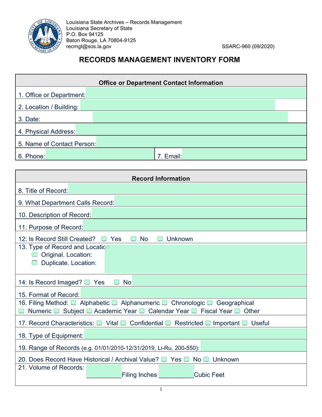 Records Management Inventory Form screenshot