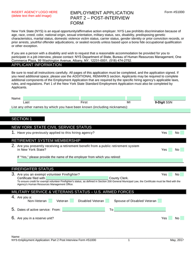 Employment Application Part 2  Post Interview Form screenshot