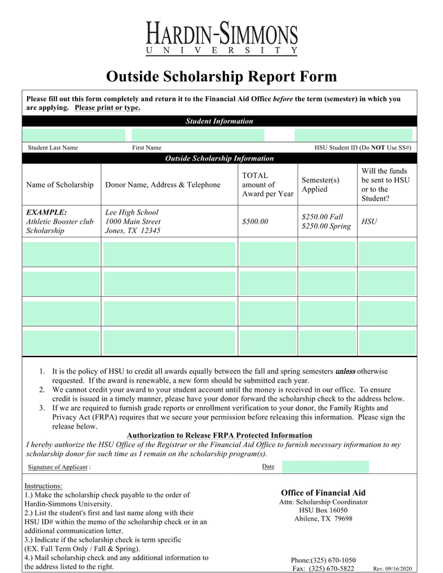 Outside Scholarship Report Form screenshot