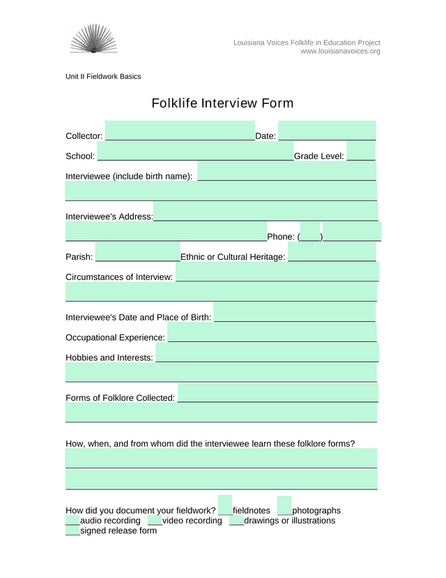 Folklife Interview Form screenshot