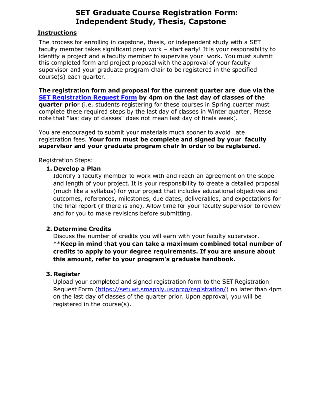 SET Graduate Course Registration Form Independent Study, Thesis, Capstone screenshot