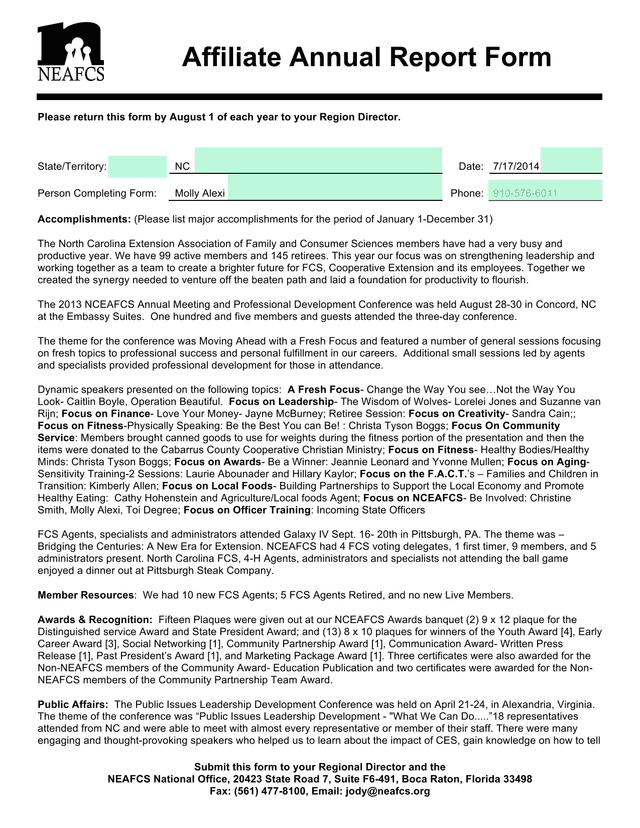 NEAFCS Annual Accomplishments Report screenshot
